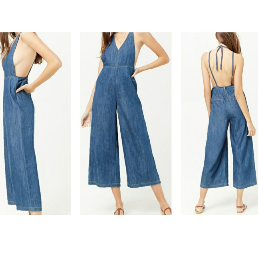 Lightweight Denim Open Back Jumpsuit